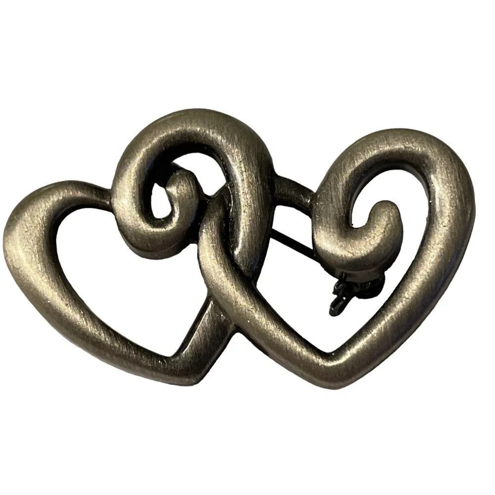 Open Double‎ Heart Intertwined Brooch Pin Silver Tone Metal Love Gift Vintage
